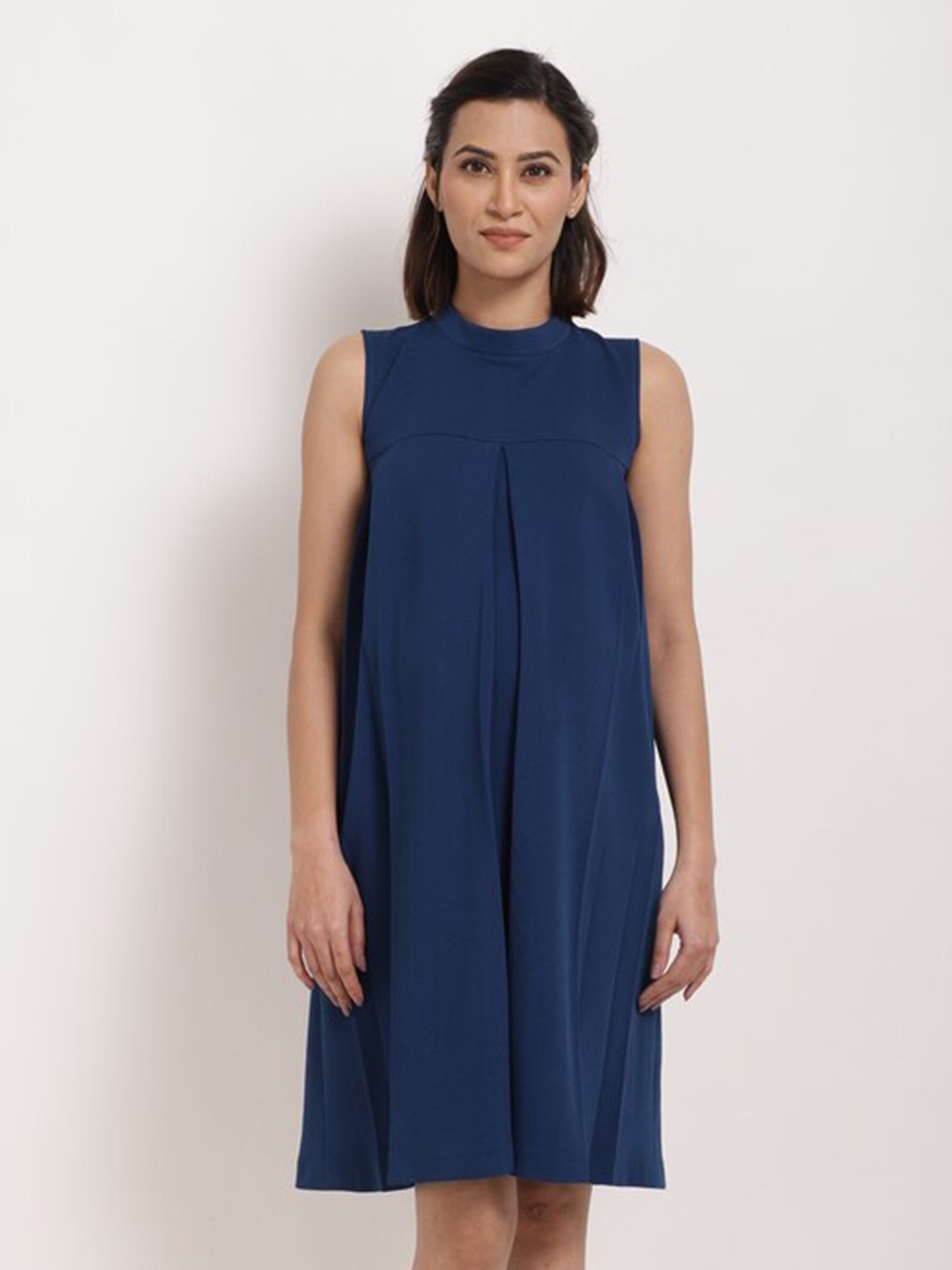 

Ranng Band Collar Sleeveless A-Line Maternity Dress, Navy blue