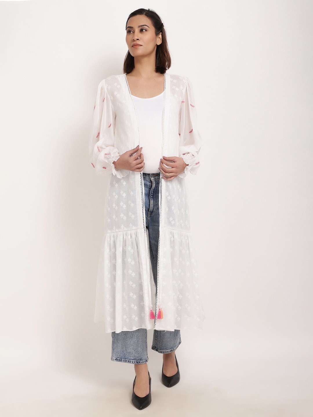 

Ranng Self Design Longline Cuffed Sleeves Cotton Shrug, White
