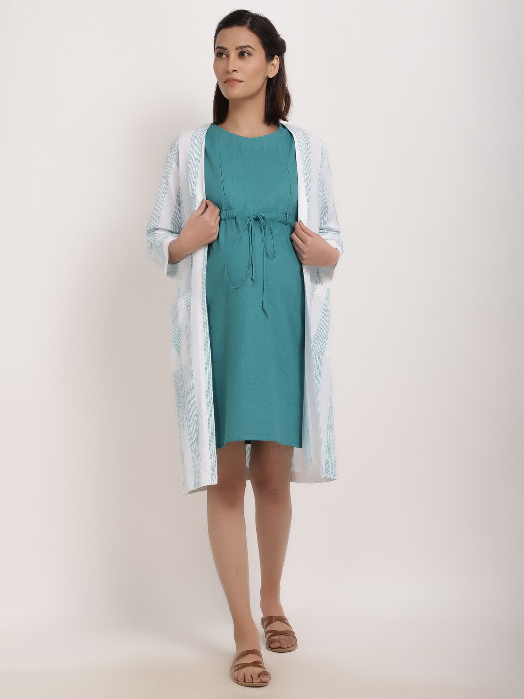 

Ranng Round Neck A-Line Maternity Dress With Shrug, Sea green