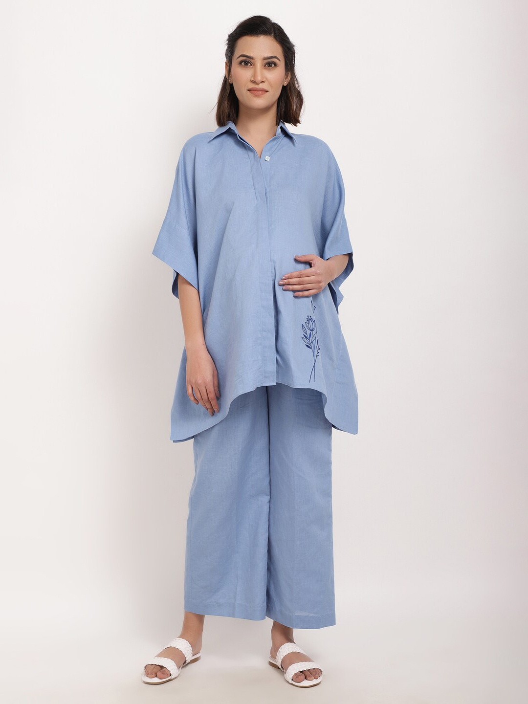 

Ranng Maternity Extended Sleeves Longline Shirt Style Top, Blue