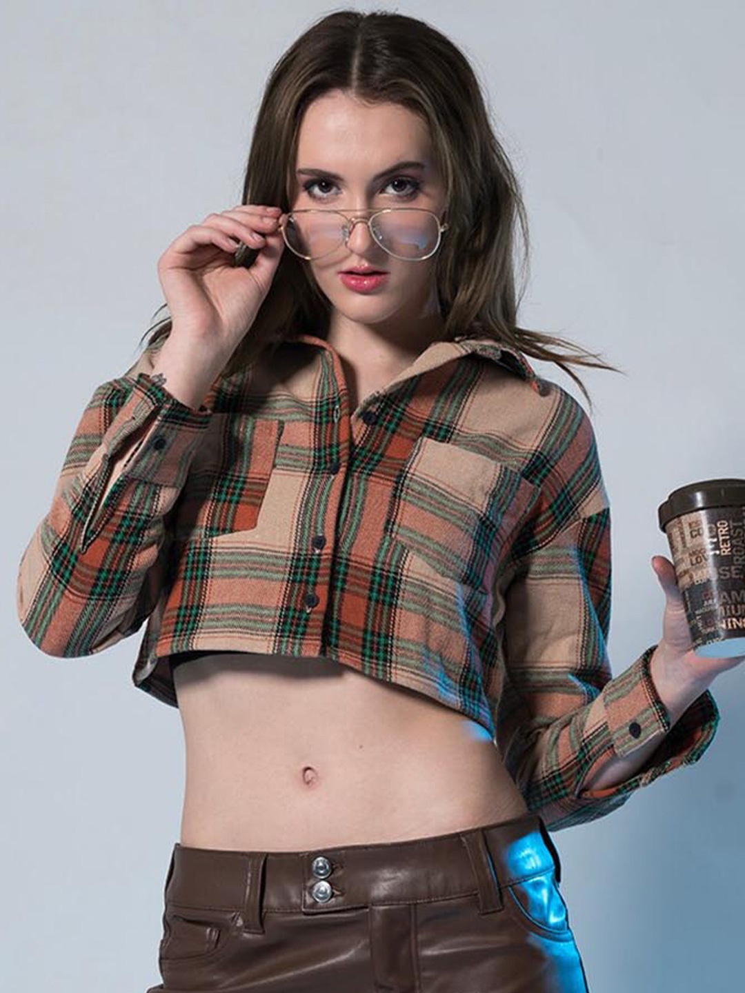 

Stylecast X Hersheinbox Brown & Red Checked Pure Cotton Puff Sleeve Cotton Top