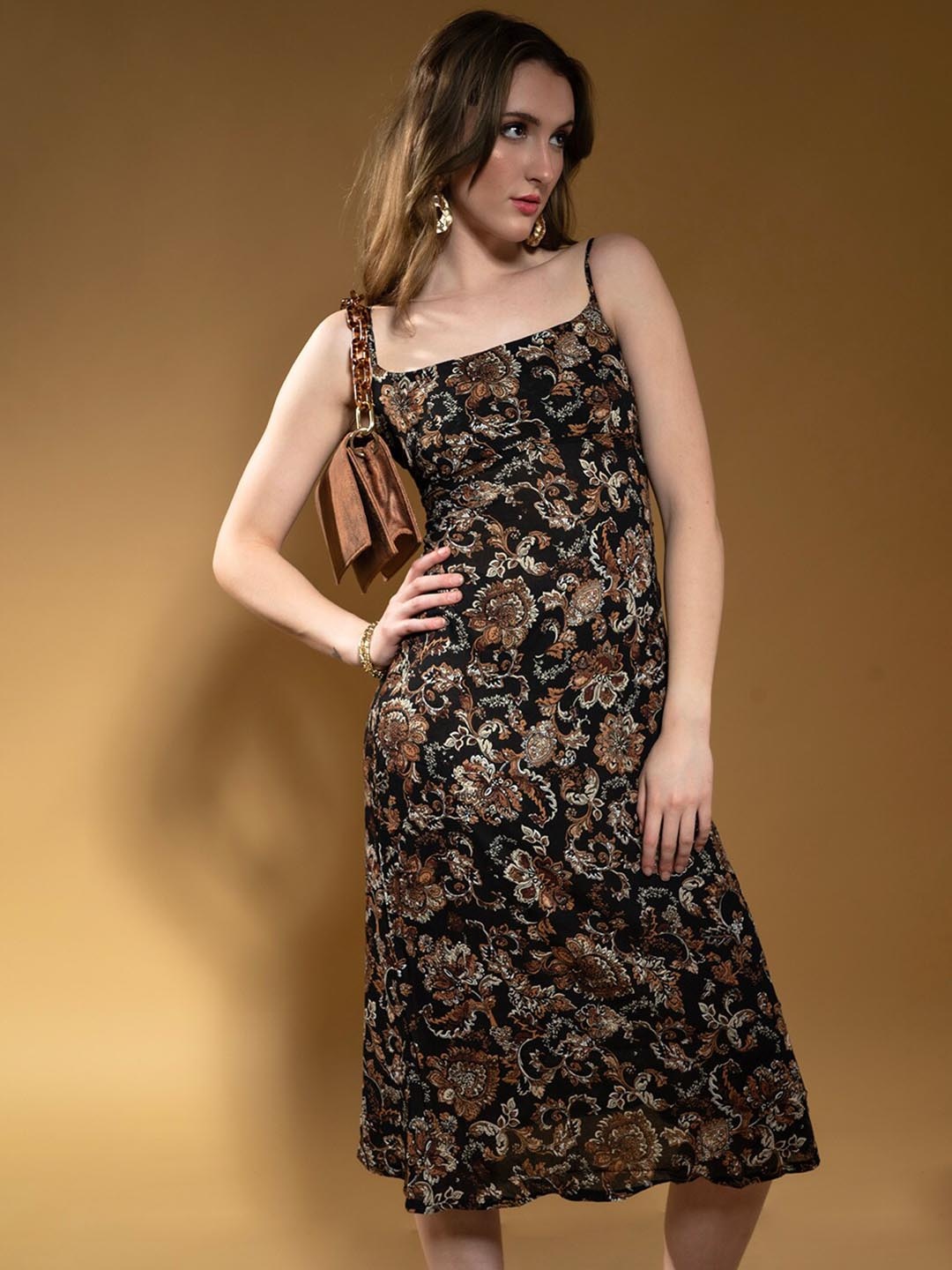 

Stylecast X Hersheinbox Black & Brown Printed Shoulder Strap Sheath Dress