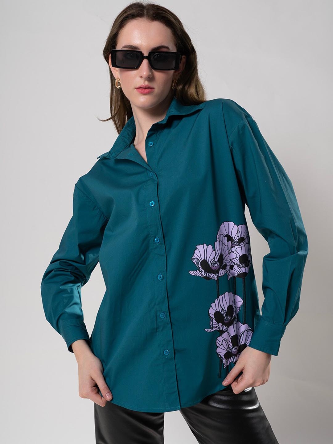 

Stylecast X Hersheinbox Blue Oversized Floral Printed Pure Cotton Casual Shirt