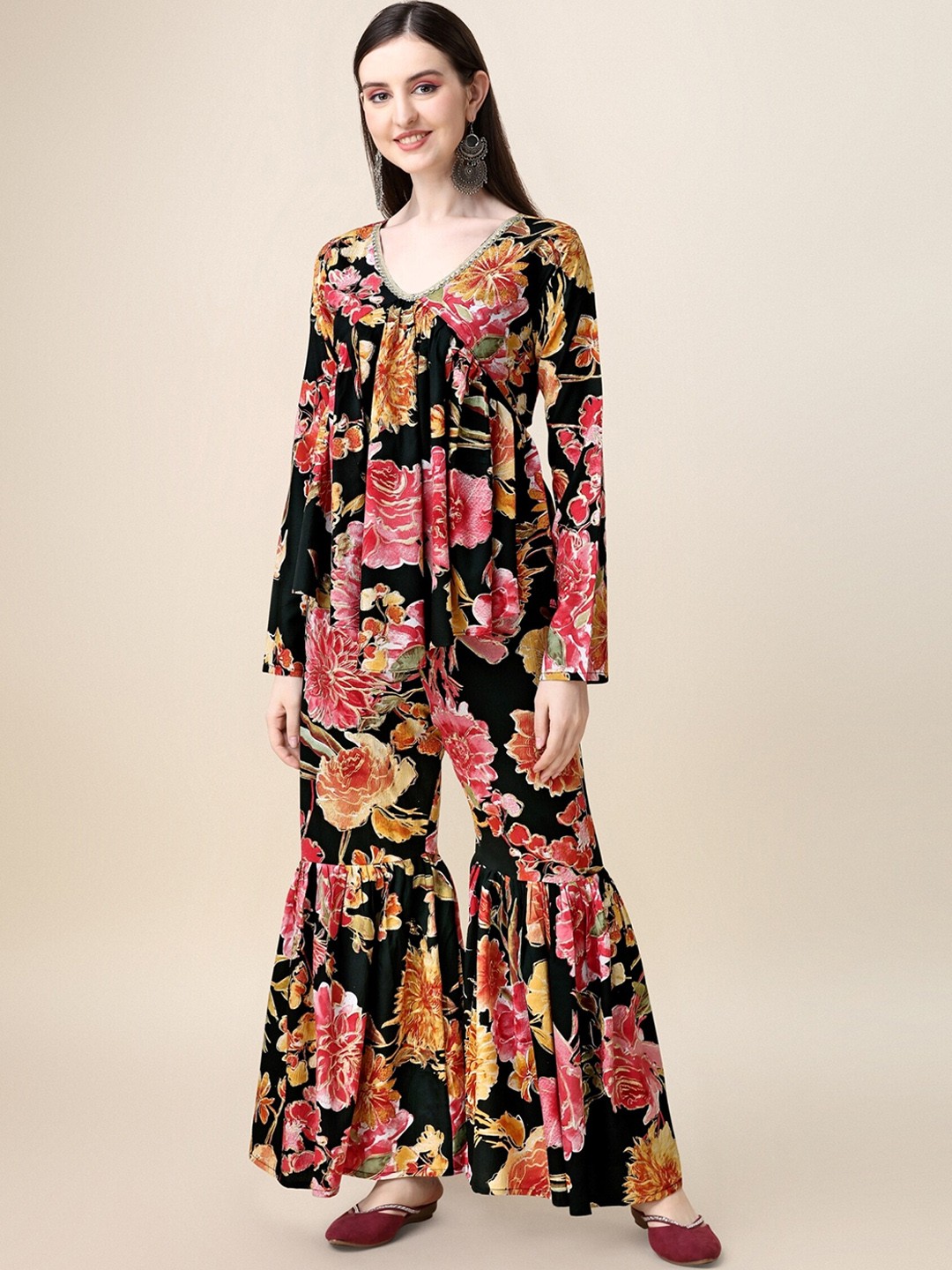 

KALINI Floral Printed Regular Kurta with Sharara & With Dupatta, Black
