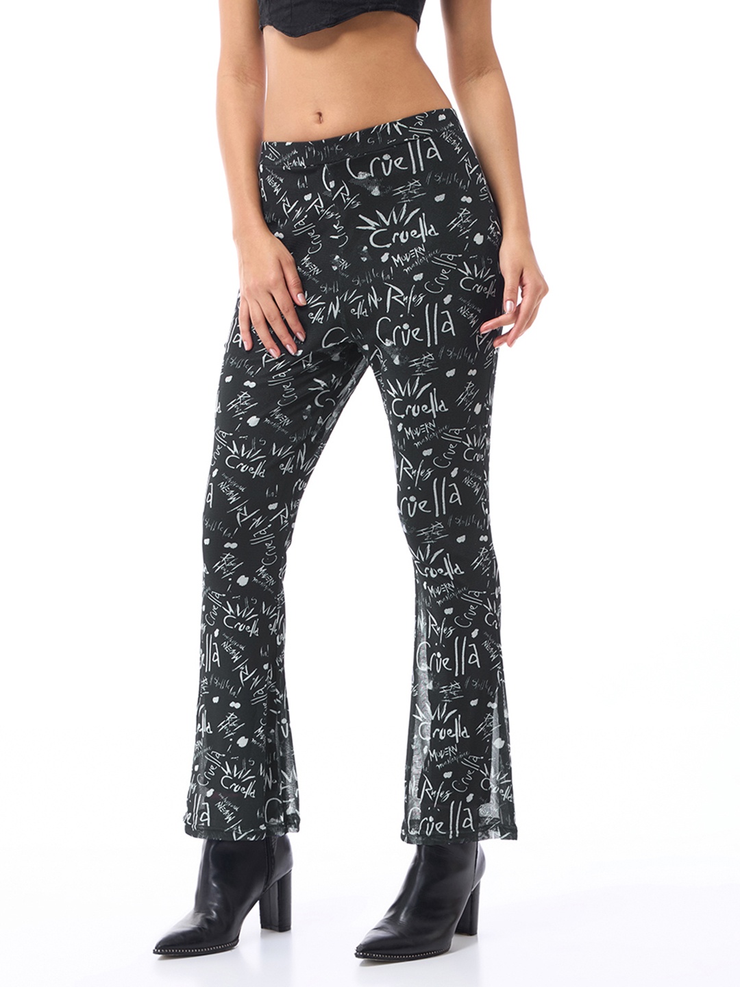 

Bewakoof Air 1.0 Women All Over Printed Slim Fit Flared Pants, Black