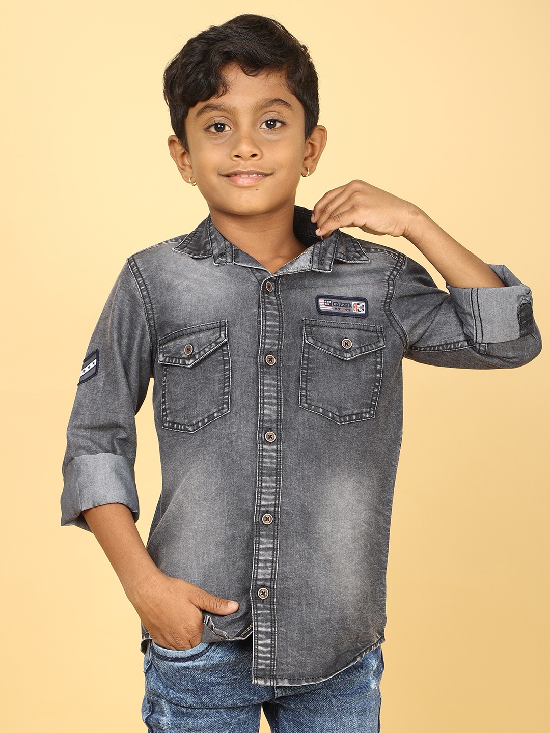 

CAZZBA Boys Washed Faded Casual Denim Shirt, Grey