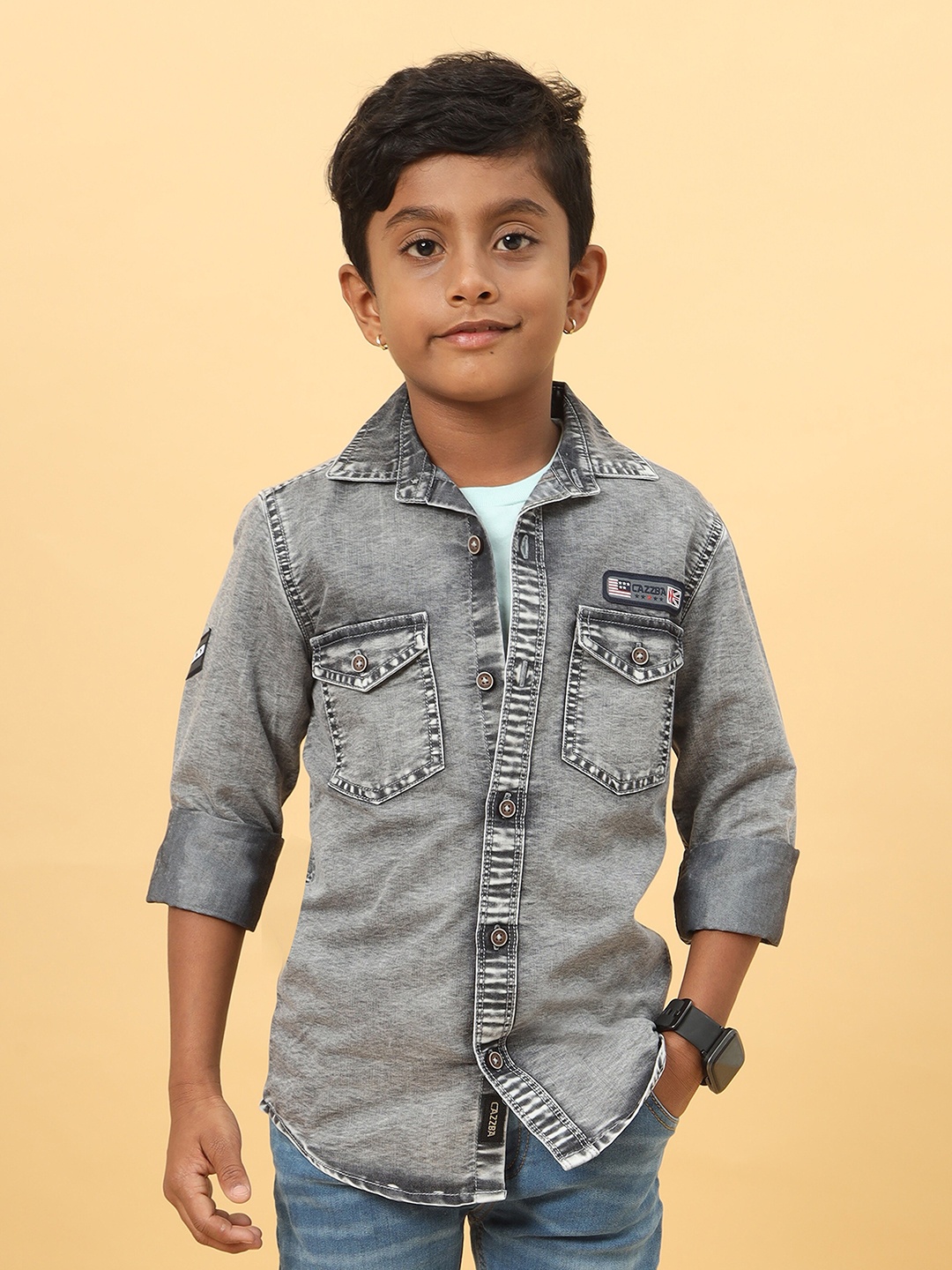 

CAZZBA Boys Spread Collar Washed Casual Denim Shirt, Grey