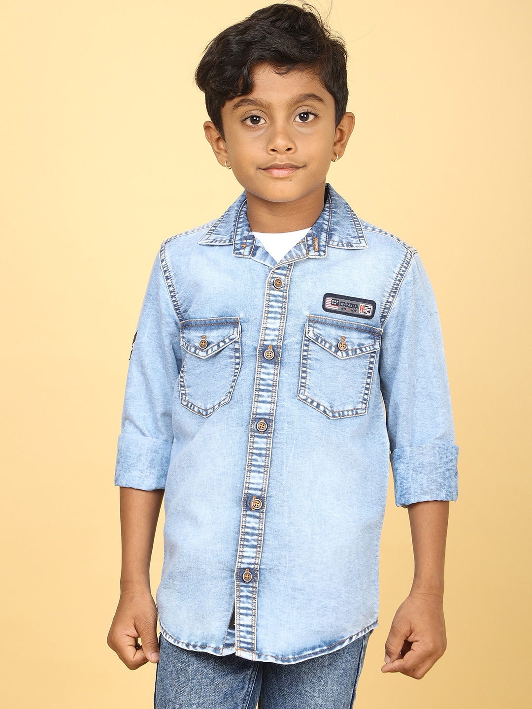 

CAZZBA Boys Spread Collar Washed Casual Denim Shirt, Blue