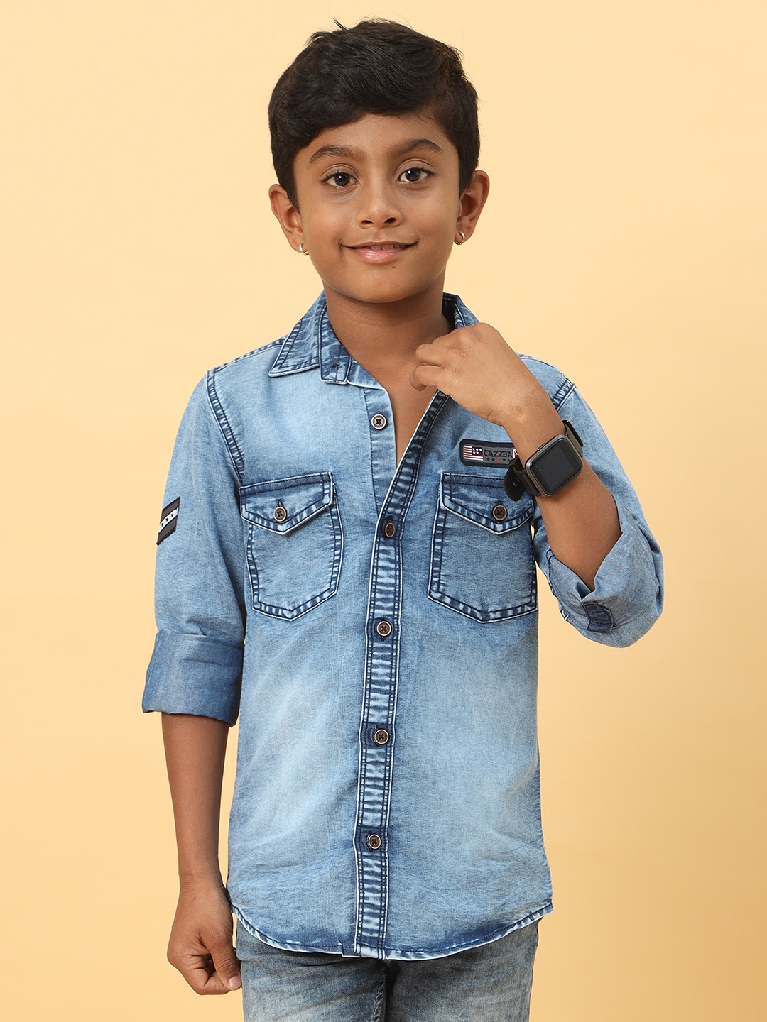 

CAZZBA Boys Spread Collar Washed Casual Denim Shirt, Blue