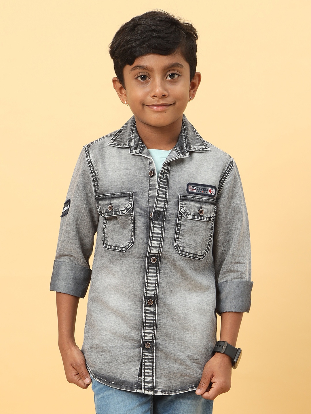 

CAZZBA Boys Spread Collar Washed Casual Denim Shirt, Grey