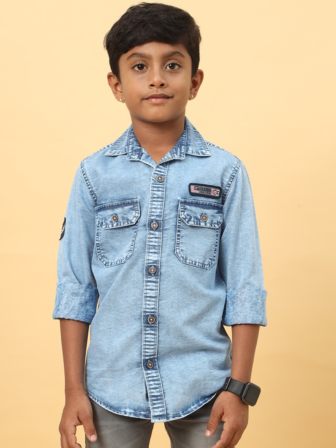 

CAZZBA Boys Spread Collar Washed Casual Denim Shirt, Blue