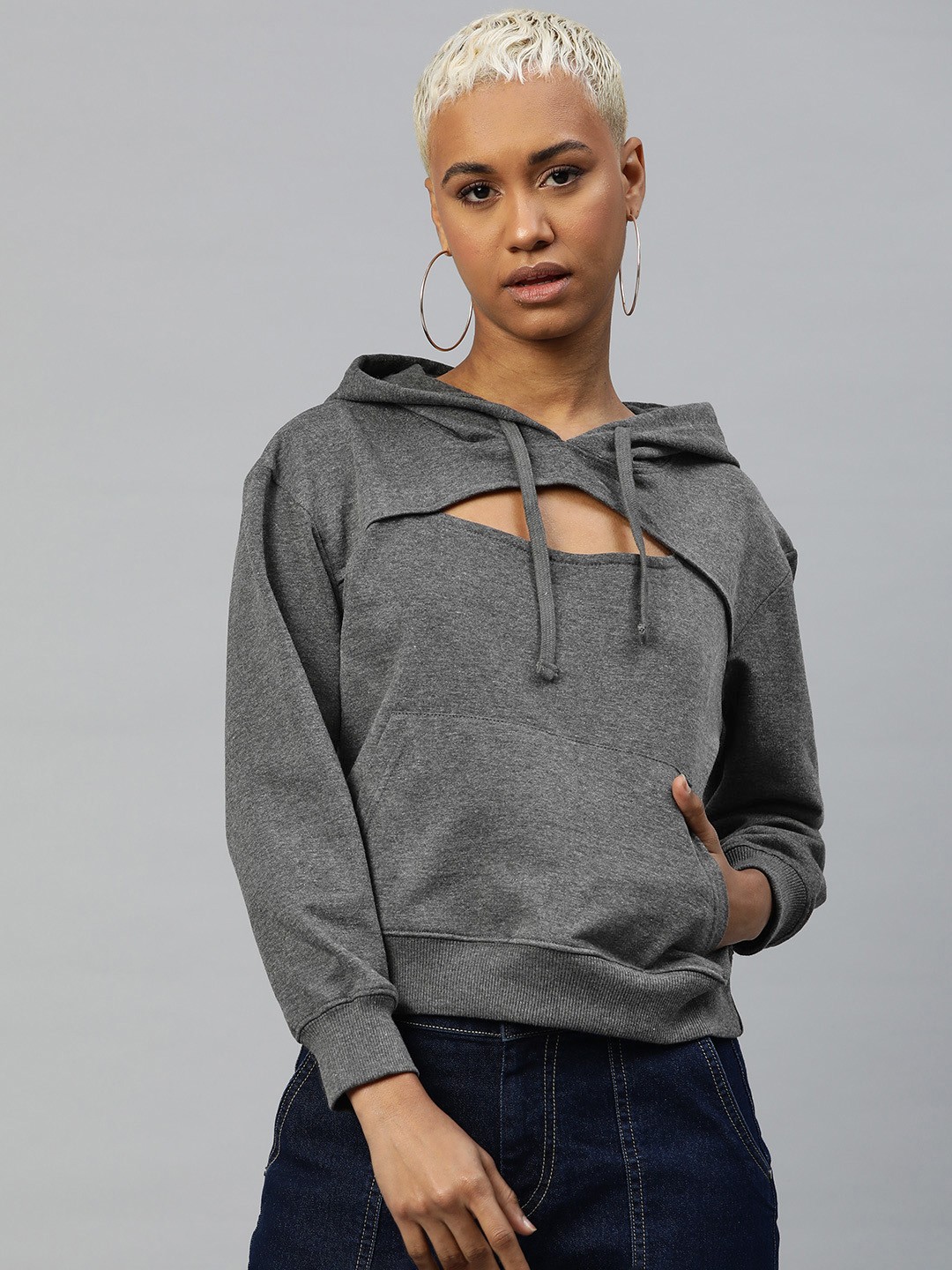 

Popnetic Women Solid Cut-Out Detail Hooded Sweatshirt, Grey