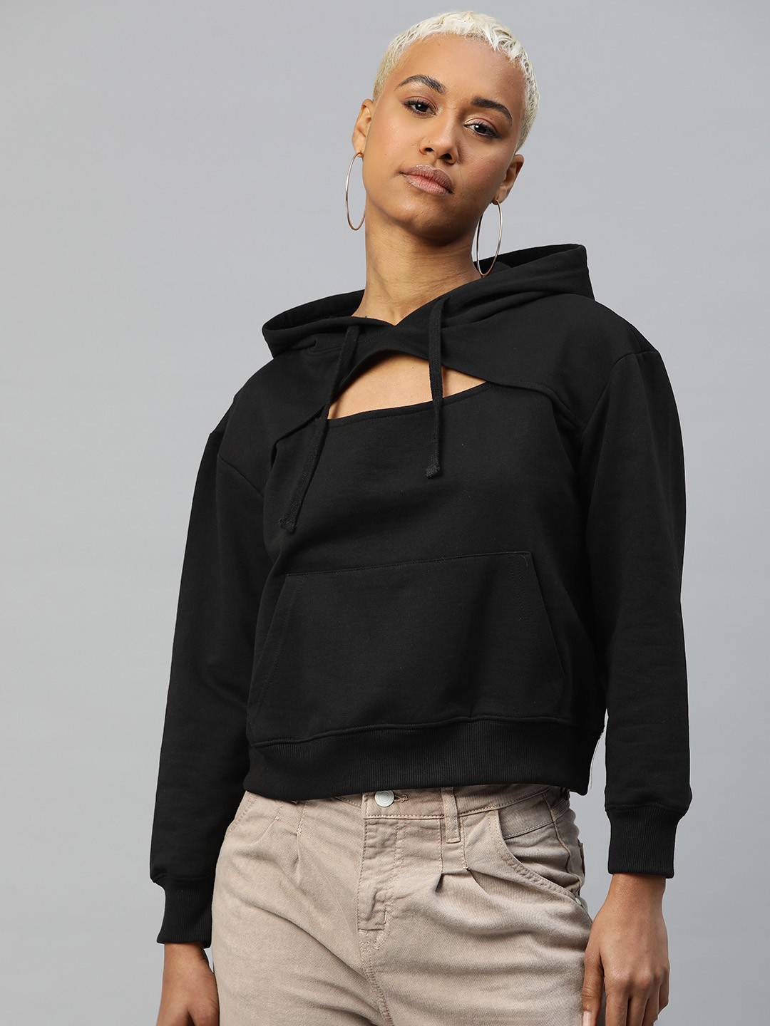 

Popnetic Women Solid Cut-Out Detail Hooded Sweatshirt, Black