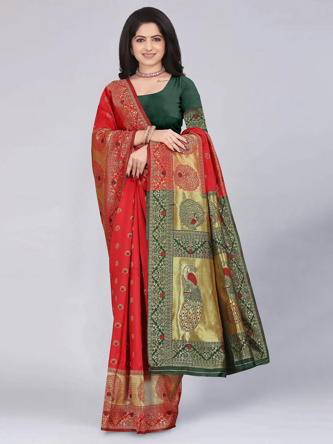 

MUKHITA Ethnic Motifs Woven Design Zari Paithani Saree, Red