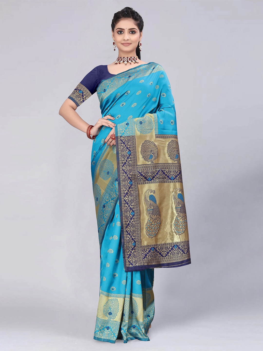 

MUKHITA Ethnic Motifs Woven Design Paithani Saree, Turquoise blue