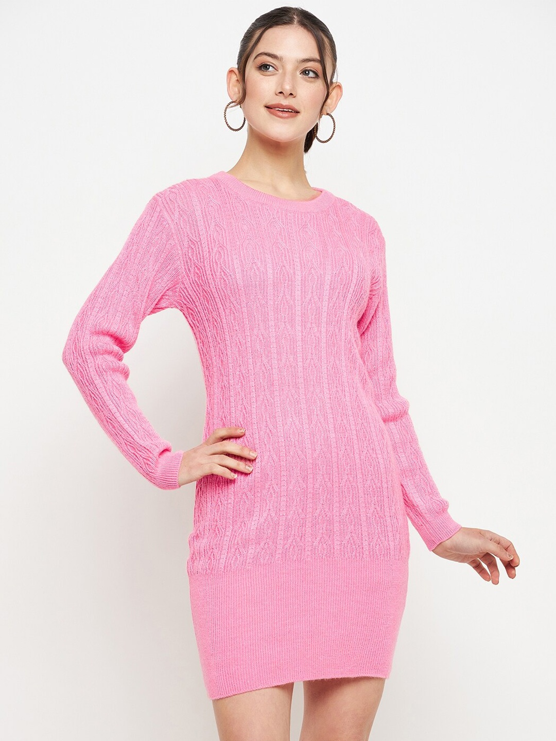 

CREATIVE LINE Round Neck Knitted Jumper Dress, Pink