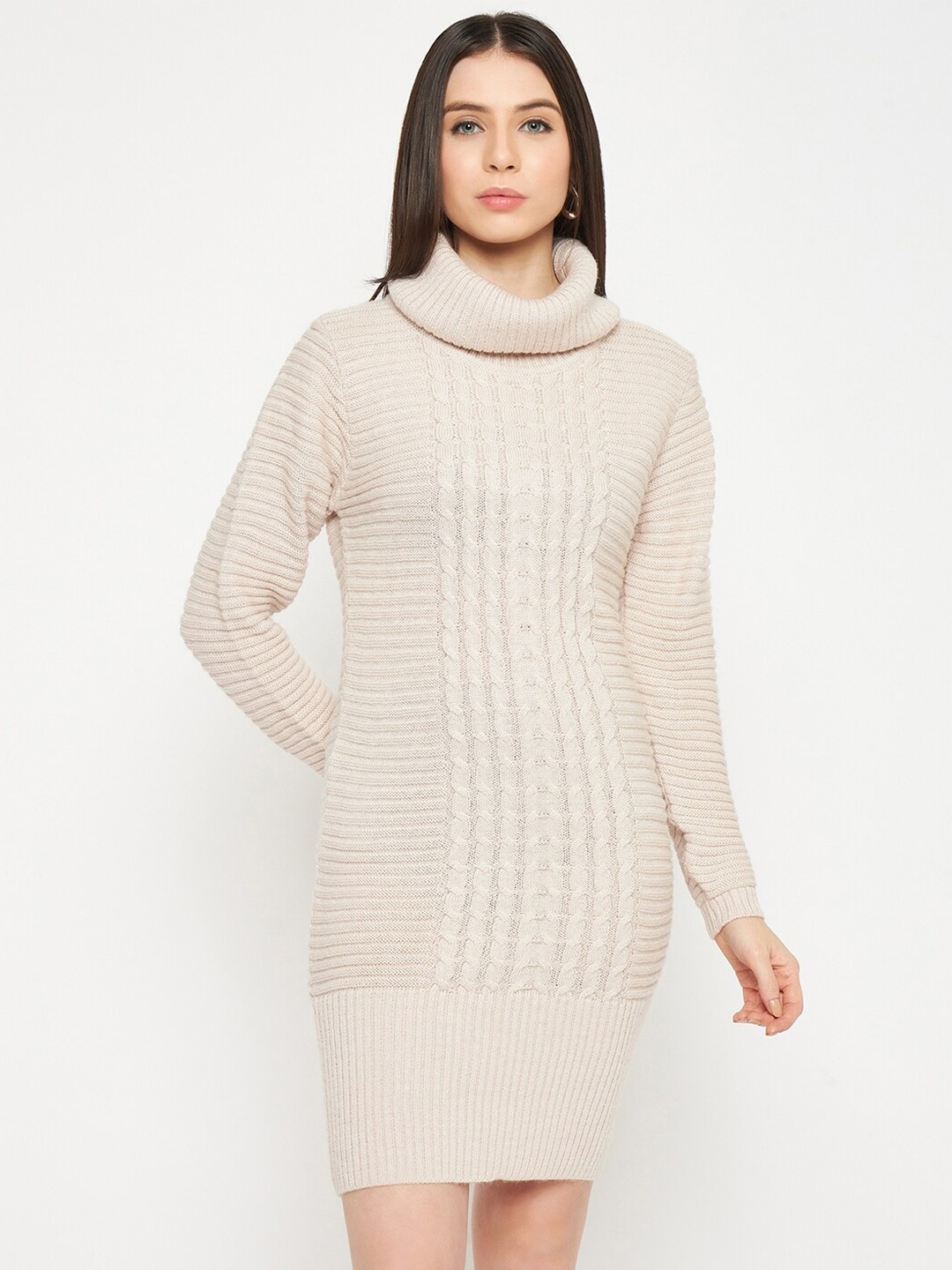 

CREATIVE LINE Self Design Turtle Neck Knitted Above Knee Sweater Dress, Pink