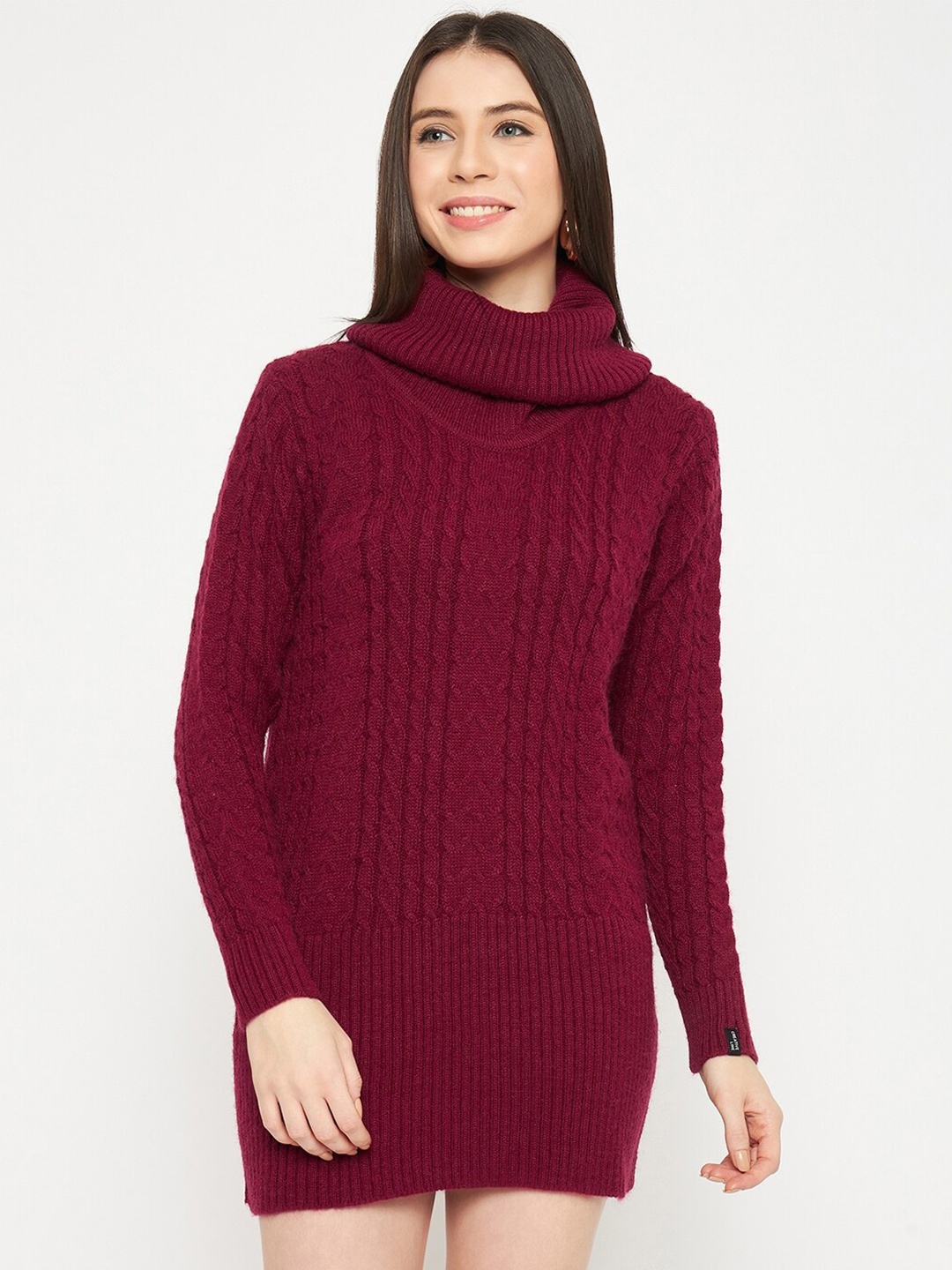 

CREATIVE LINE Self Design Turtle Neck Knitted Above Knee Sweater Dress, Maroon