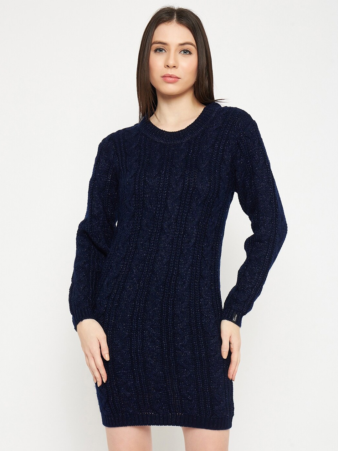 

CREATIVE LINE Self Design Turtle Neck Knitted Above Knee Sweater Dress, Navy blue