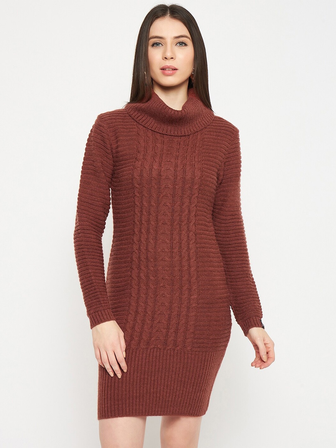 

CREATIVE LINE Self Design Turtle Neck Knitted Above Knee Sweater Dress, Rust