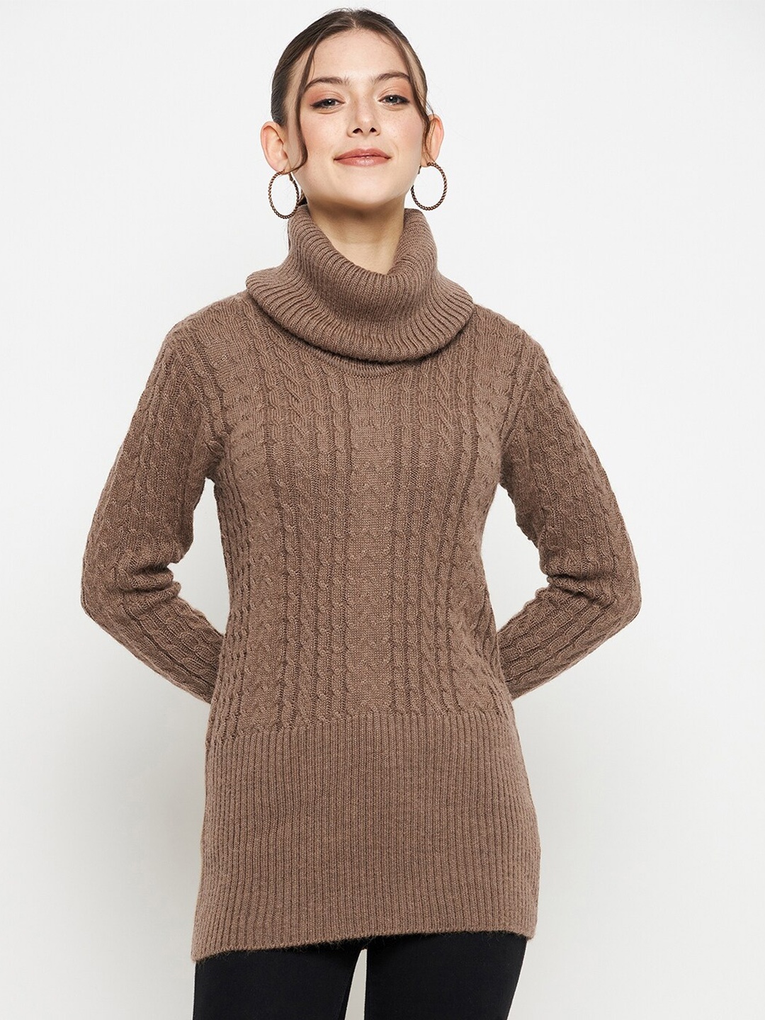 

CREATIVE LINE Self Design Turtle Neck Knitted Above Knee Sweater Dress, Beige