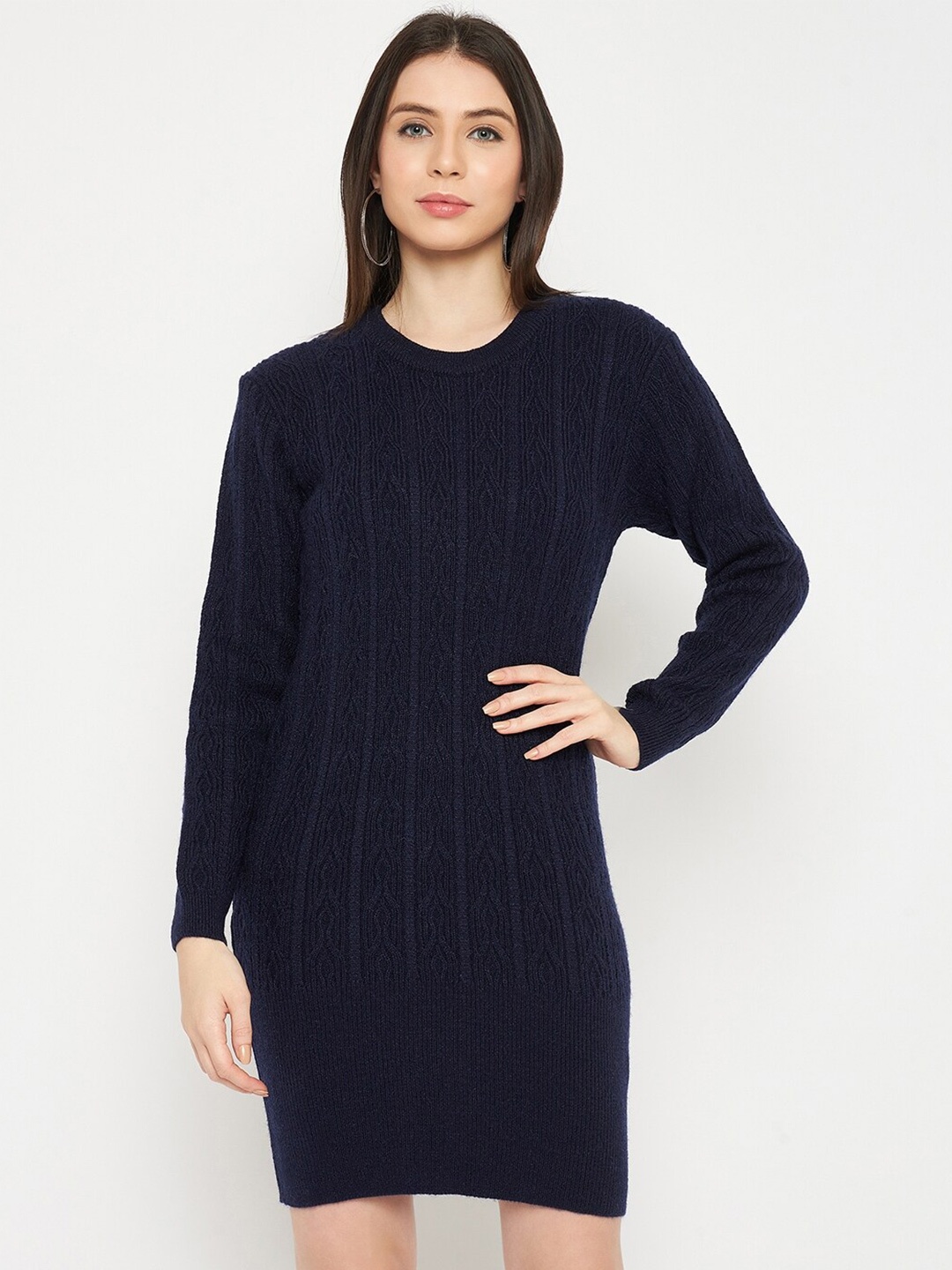 

CREATIVE LINE Self Design Knitted Above Knee Sweater Dress, Navy blue