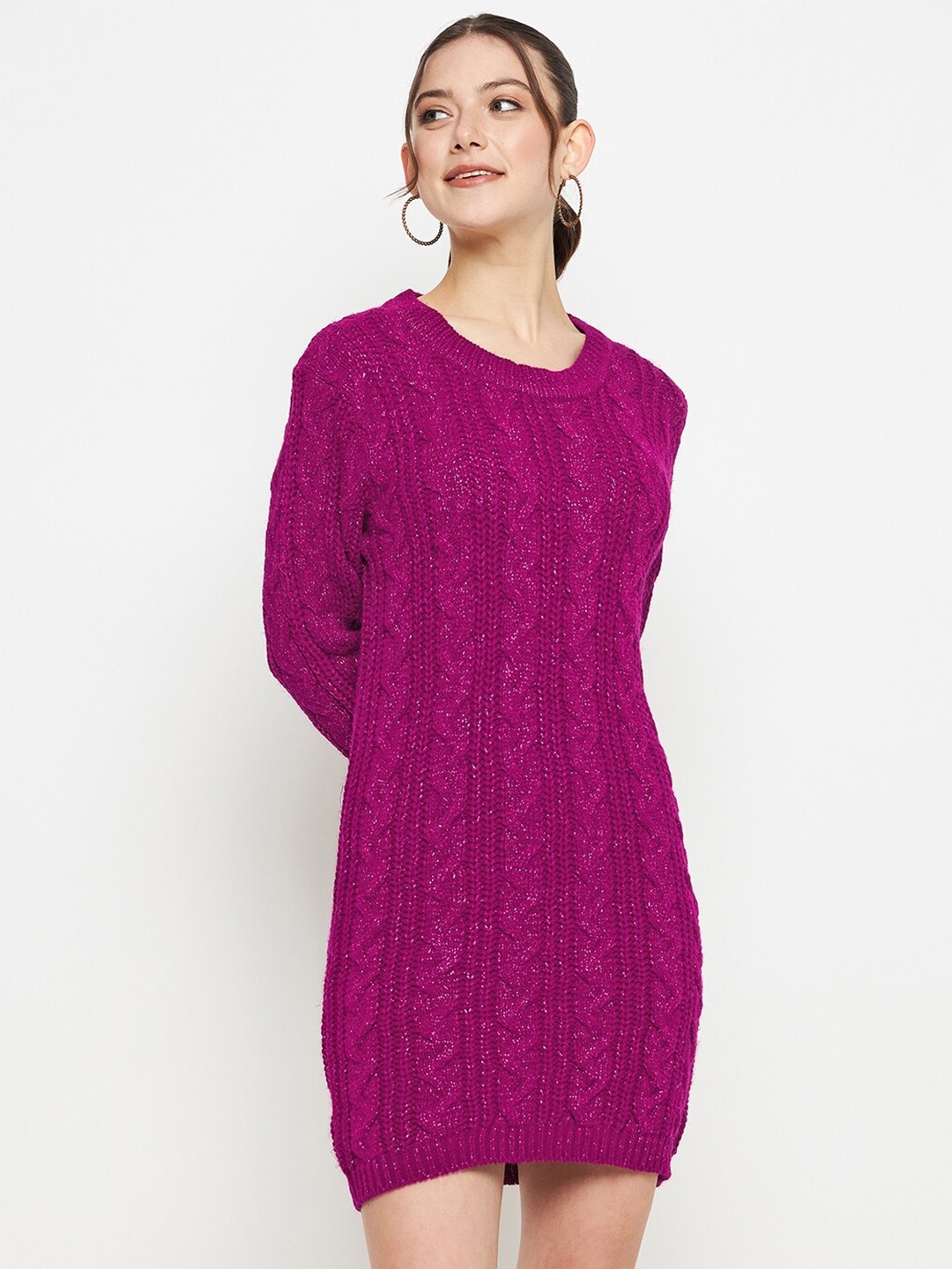 

CREATIVE LINE Self Design Knitted Above Knee Sweater Dress, Pink