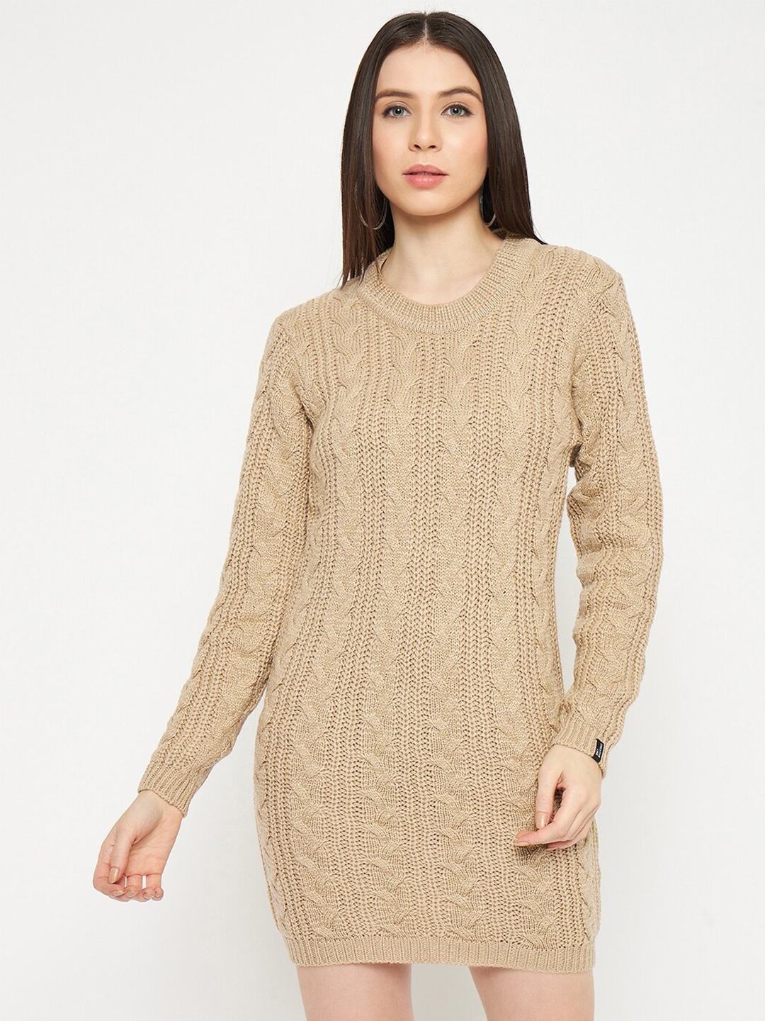 

CREATIVE LINE Self Design Knitted Above Knee Sweater Dress, Beige