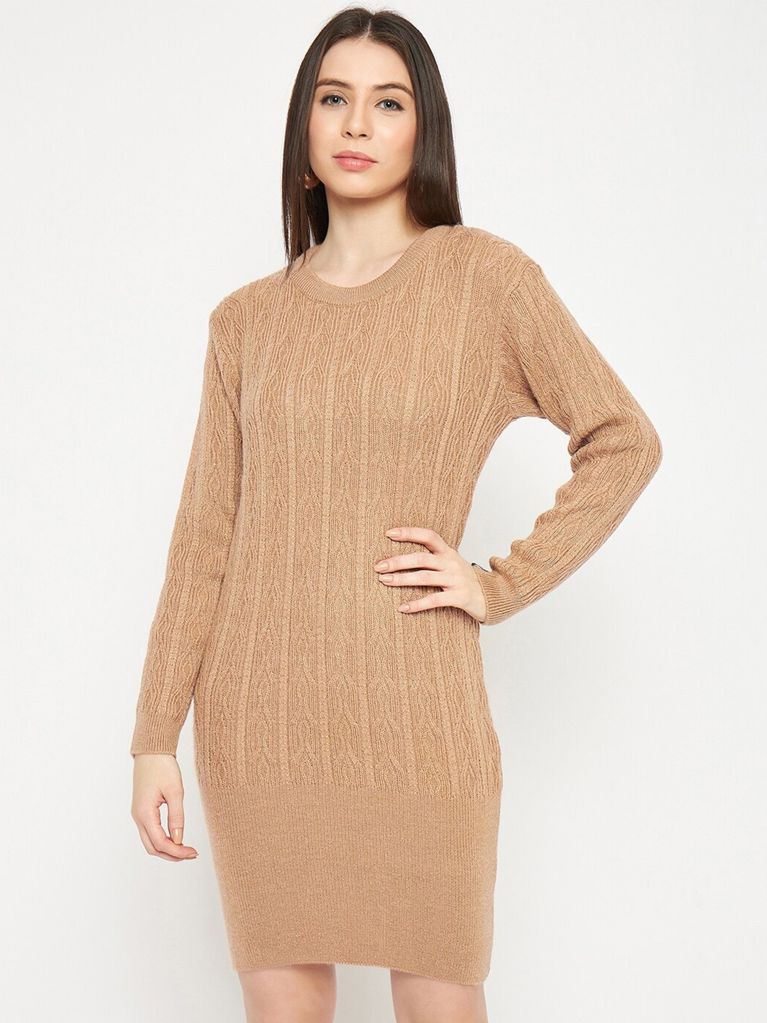 

CREATIVE LINE Self Design Knitted Above Knee Sweater Dress, Beige