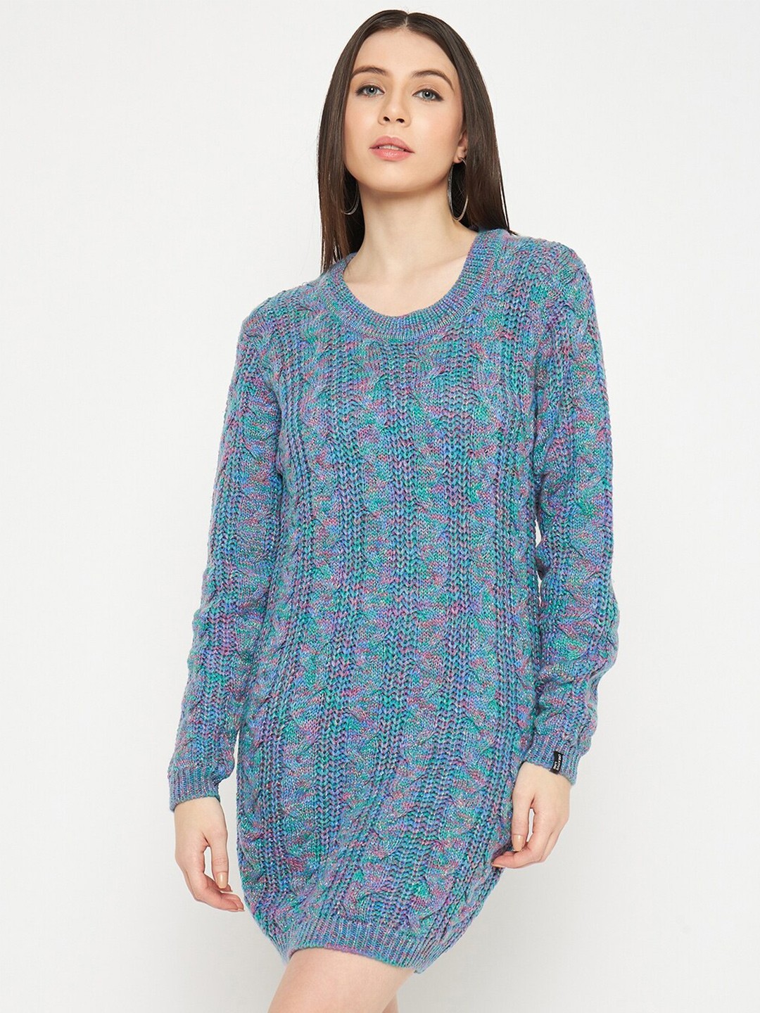 

CREATIVE LINE Self Design Knitted Above Knee Sweater Dress, Blue