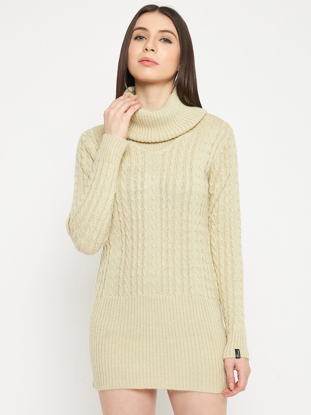 

CREATIVE LINE Self Design Turtle Neck Knitted Above Knee Sweater Dress, Beige