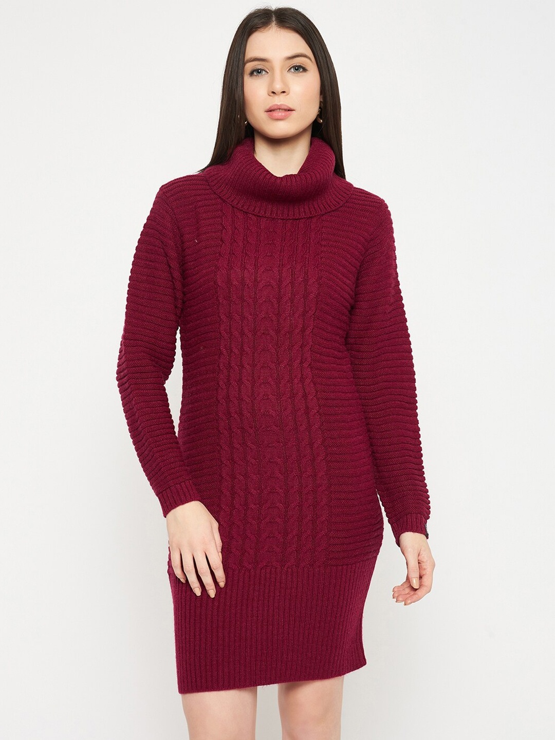 

CREATIVE LINE Self Design Turtle Neck Knitted Above Knee Sweater Dress, Maroon