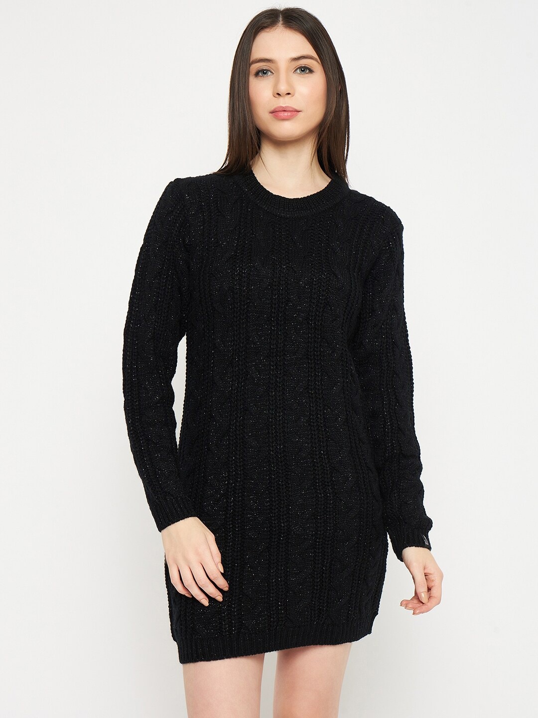 

CREATIVE LINE Self Design Knitted Above Knee Sweater Dress, Black