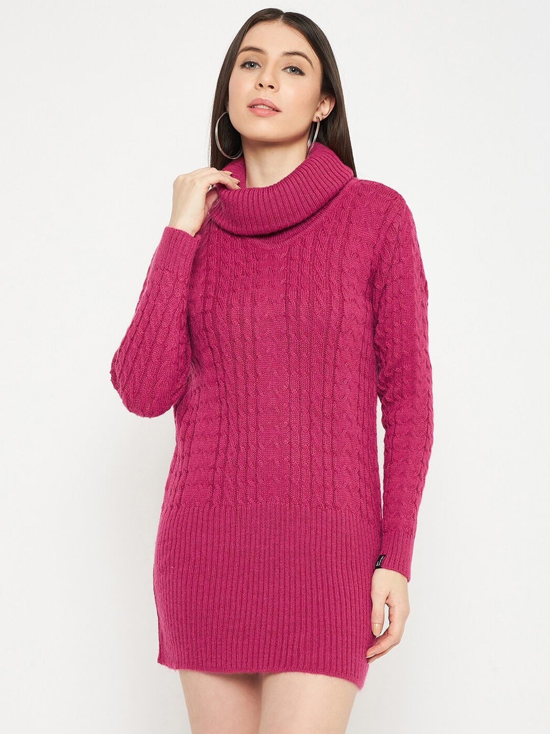 

CREATIVE LINE Self Design Turtle Neck Knitted Above Knee Sweater Dress, Fuchsia