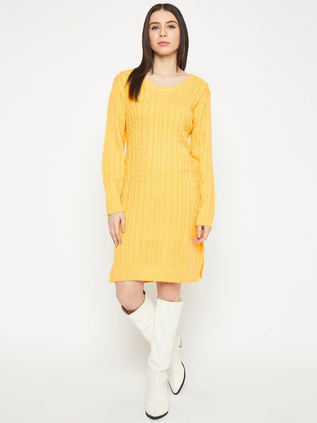 

CREATIVE LINE Self Design Knitted Above Knee Sweater Dress, Yellow