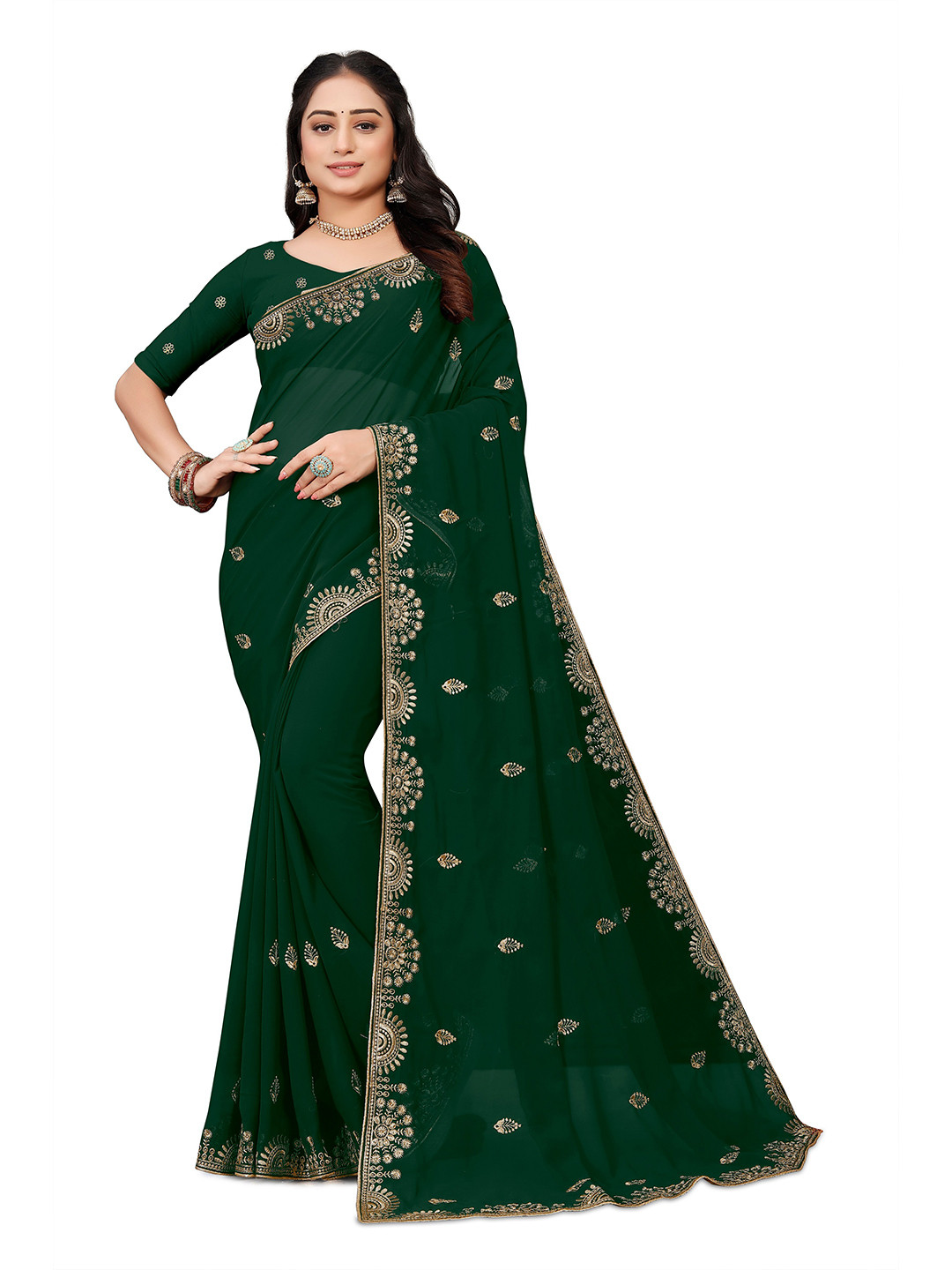 

MOLTIRA Floral Embroidered Georgette Chanderi Saree, Green