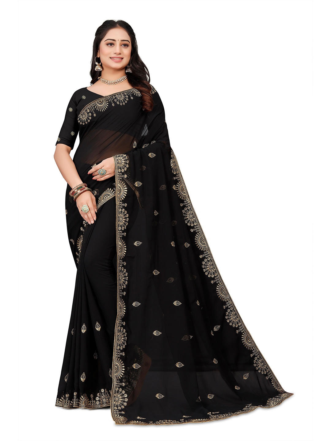 MOLTIRA Floral Embroidered Georgette Chanderi Saree, Black