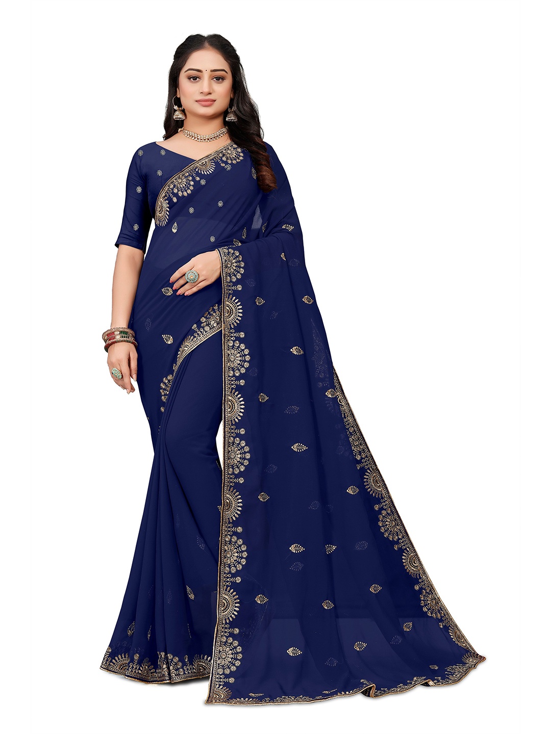 

MOLTIRA Floral Embroidered Georgette Chanderi Saree, Blue