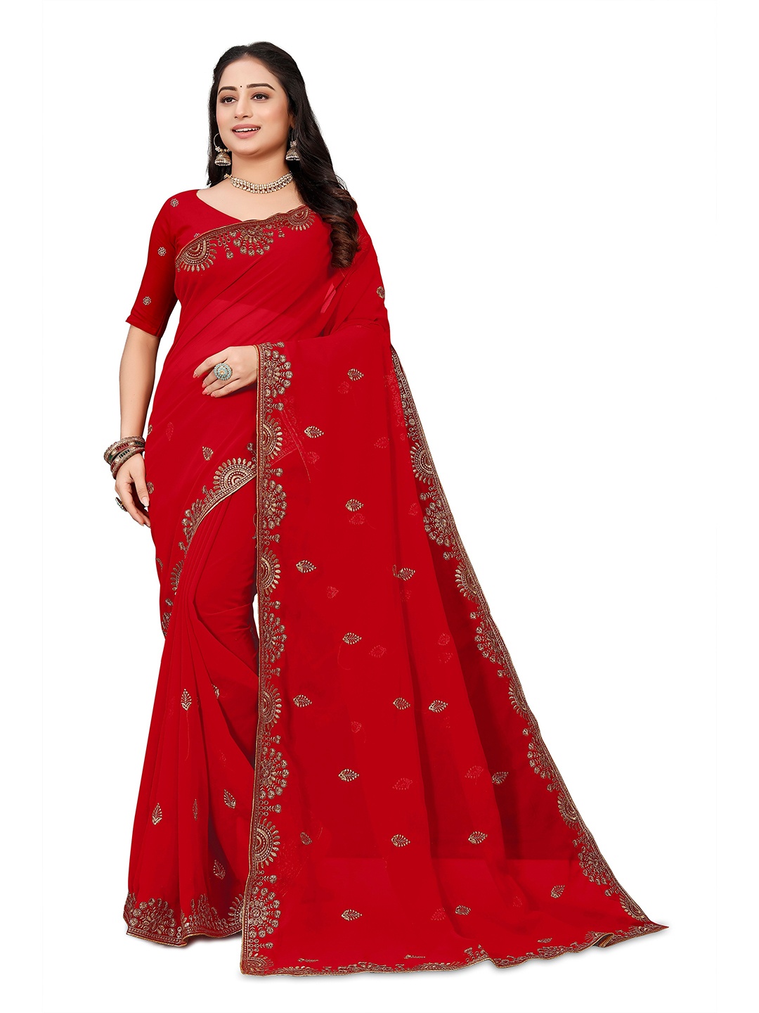 

MOLTIRA Floral Embroidered Georgette Chanderi Saree, Red