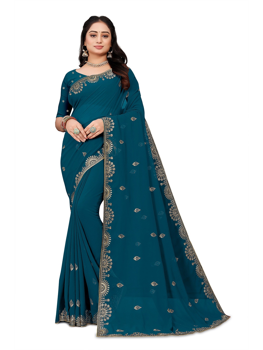 

MOLTIRA Floral Embroidered Georgette Chanderi Saree, Green