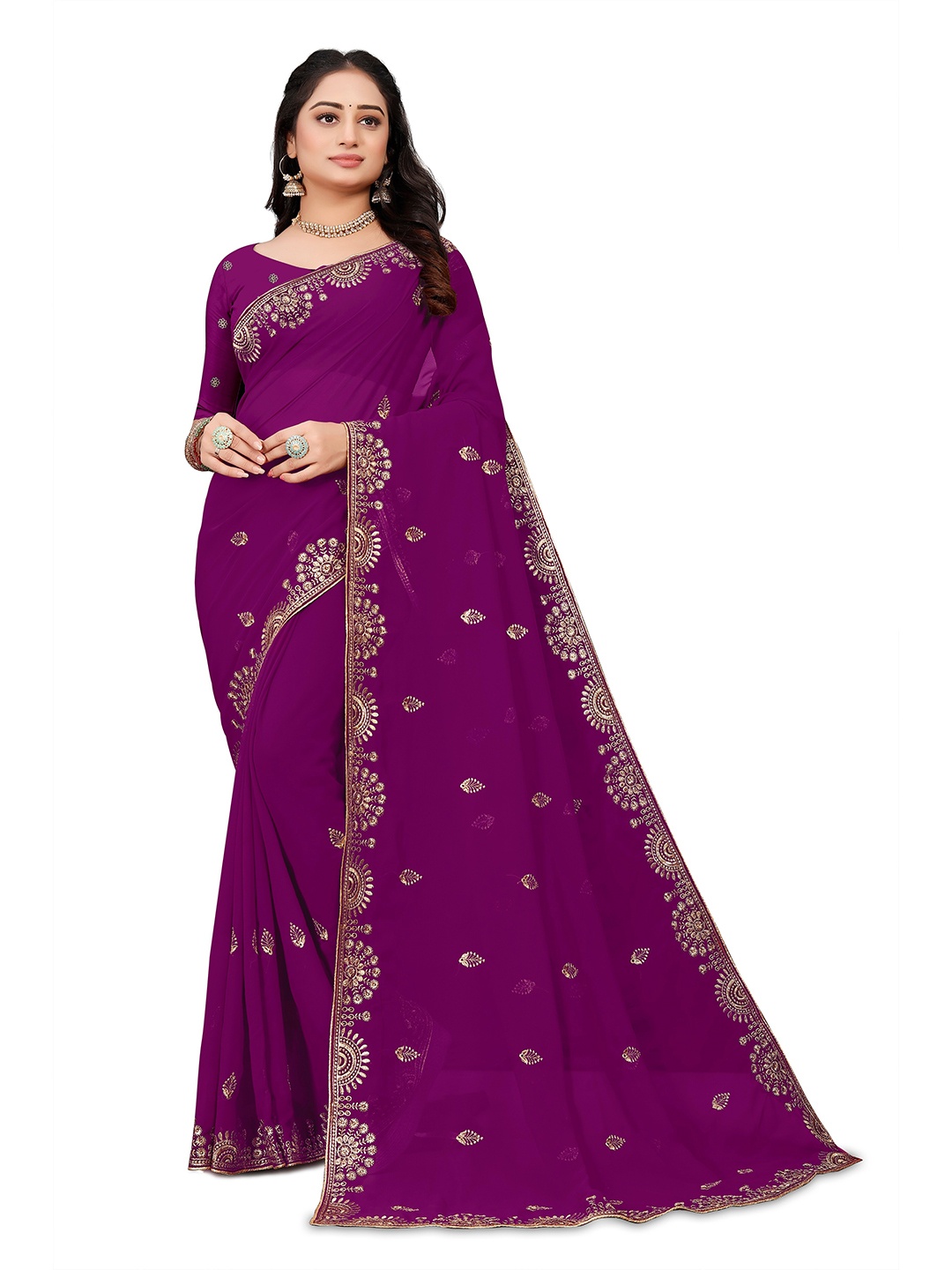 

MOLTIRA Floral Embroidered Georgette Chanderi Saree, Magenta