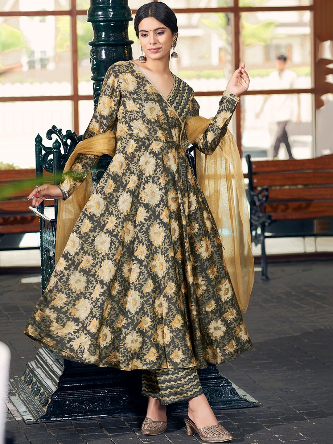 

KALINI Floral Printed Anarkali Kurta With Trousers & Dupatta, Grey