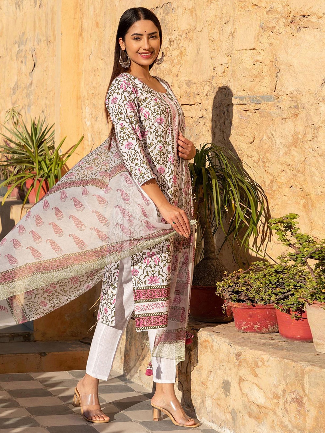 

KALINI Floral Printed Kurta & Trousers With Dupatta, White