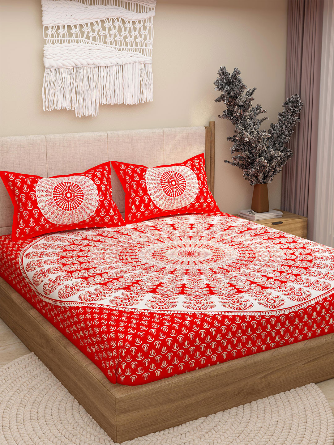 

Lali Prints Red Ethnic Block Printed Cotton 130 TC Queen Bedsheet & 2 Pillow Covers