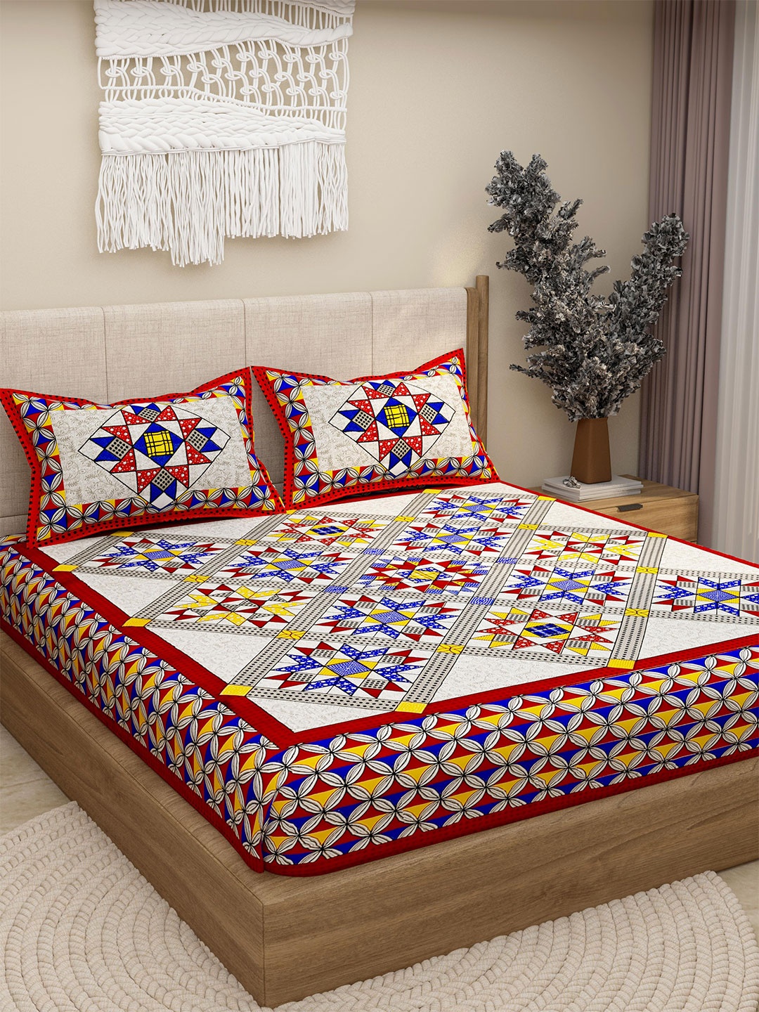 

Lali Prints Red Ethnic Block Printed Cotton 130 TC Queen Bedsheet & 2 Pillow Covers