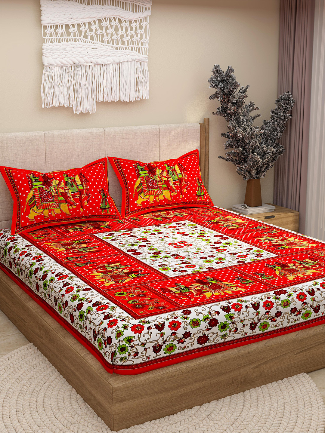 

Lali Prints Red & White Ethnic Motifs Cotton 130 TC Queen Bedsheet with 2 Pillow Covers