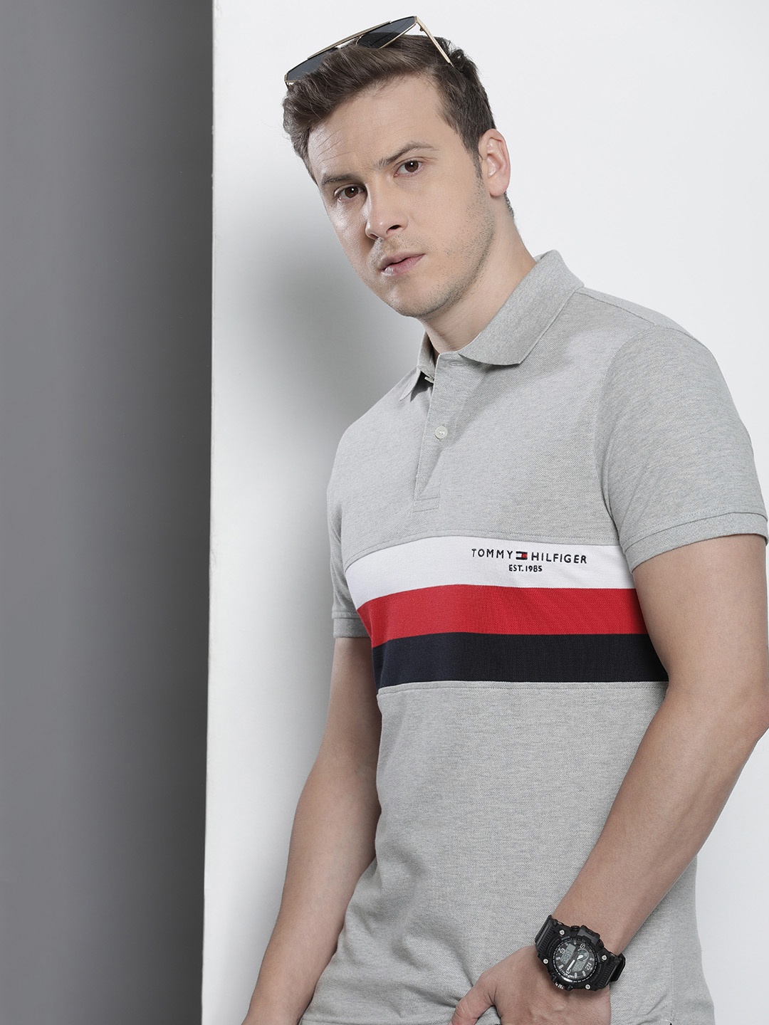 

Tommy Hilfiger Pure Cotton Colourblocked Polo Collar Slim Fit T-shirt, Grey