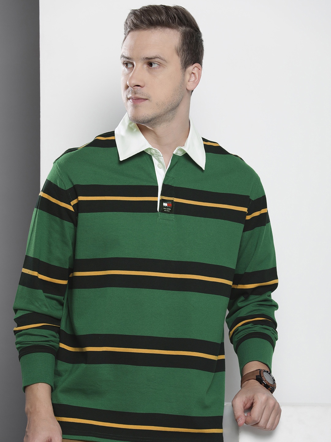 

Tommy Hilfiger Striped Polo Collar Pure Cotton Oversized T-shirt, Green