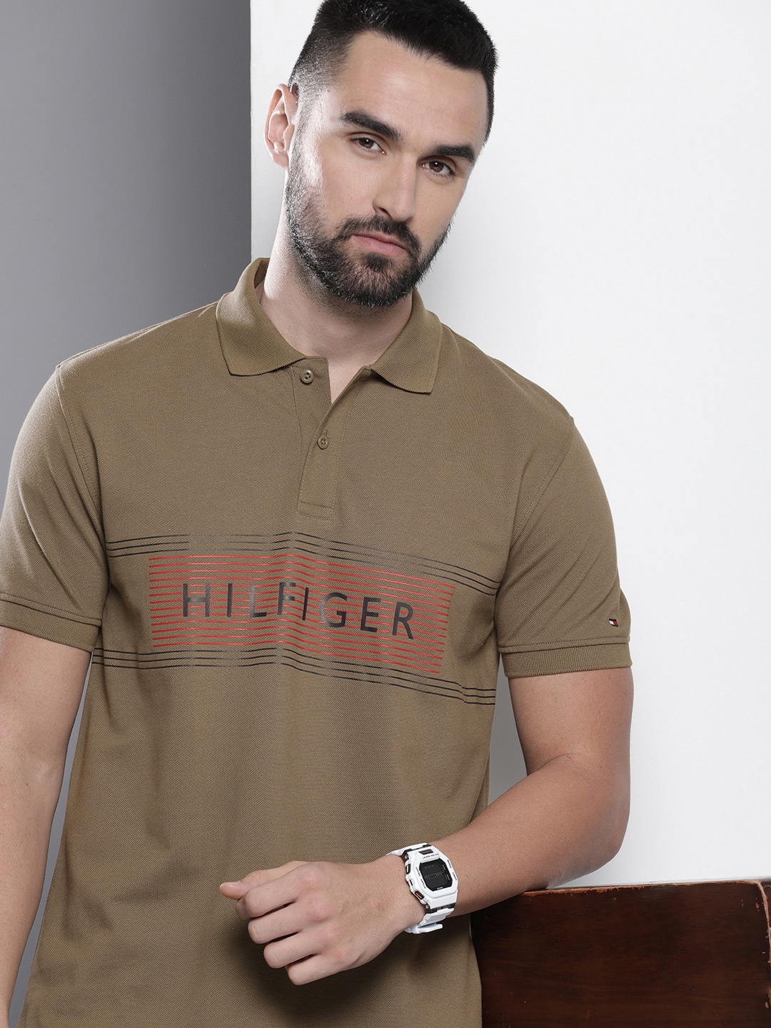 

Tommy Hilfiger Brand Logo Printed Polo Collar Pure Cotton T-shirt, Olive