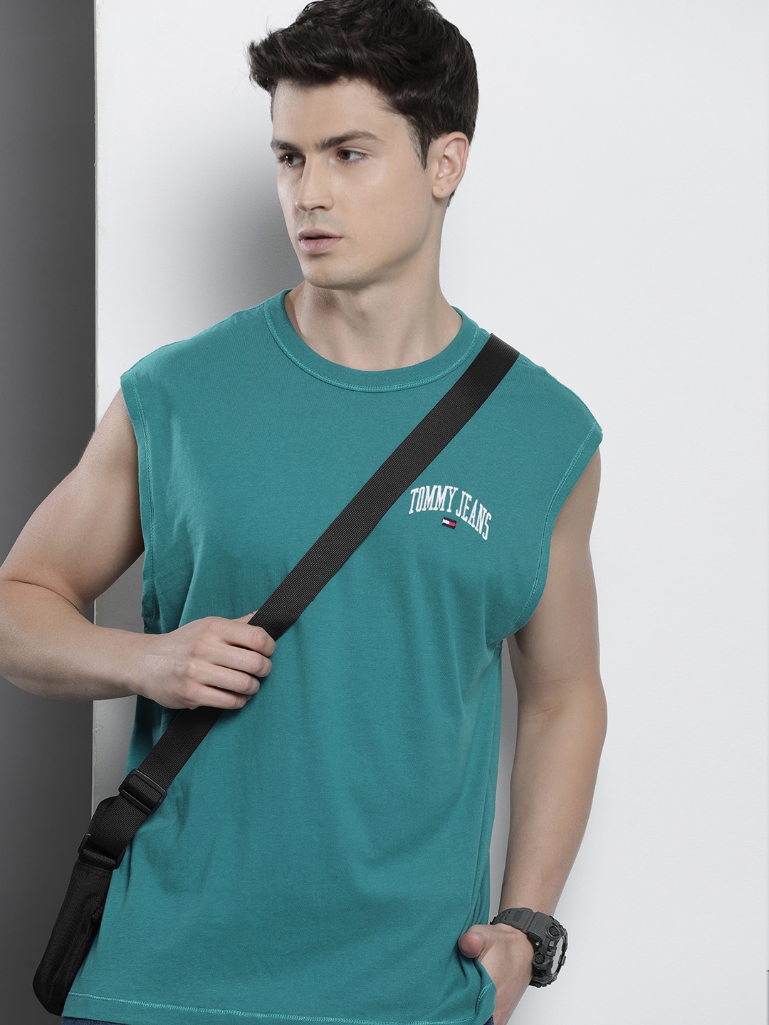 

Tommy Hilfiger Pure Cotton Brand Logo Embroidered Sleeveless T-shirt, Teal